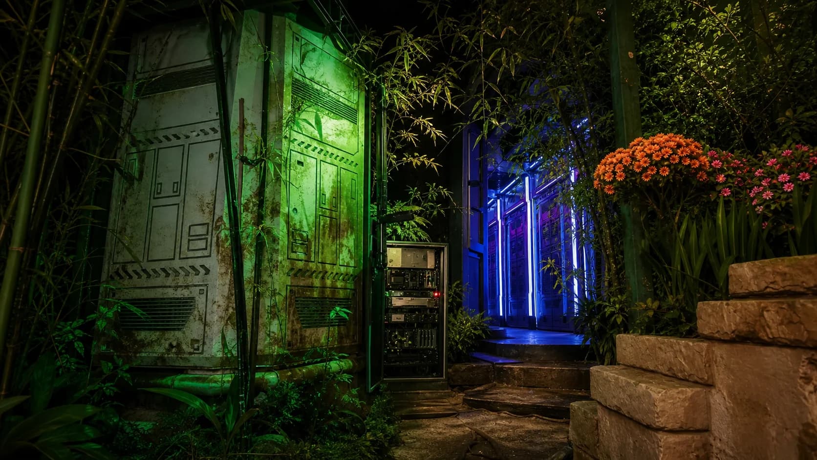 פוד עתידני חבוט וארון בקרה סדוק בתוך ג'ונגל במבוק עם תאורת ניאון ירוקה — המאה
