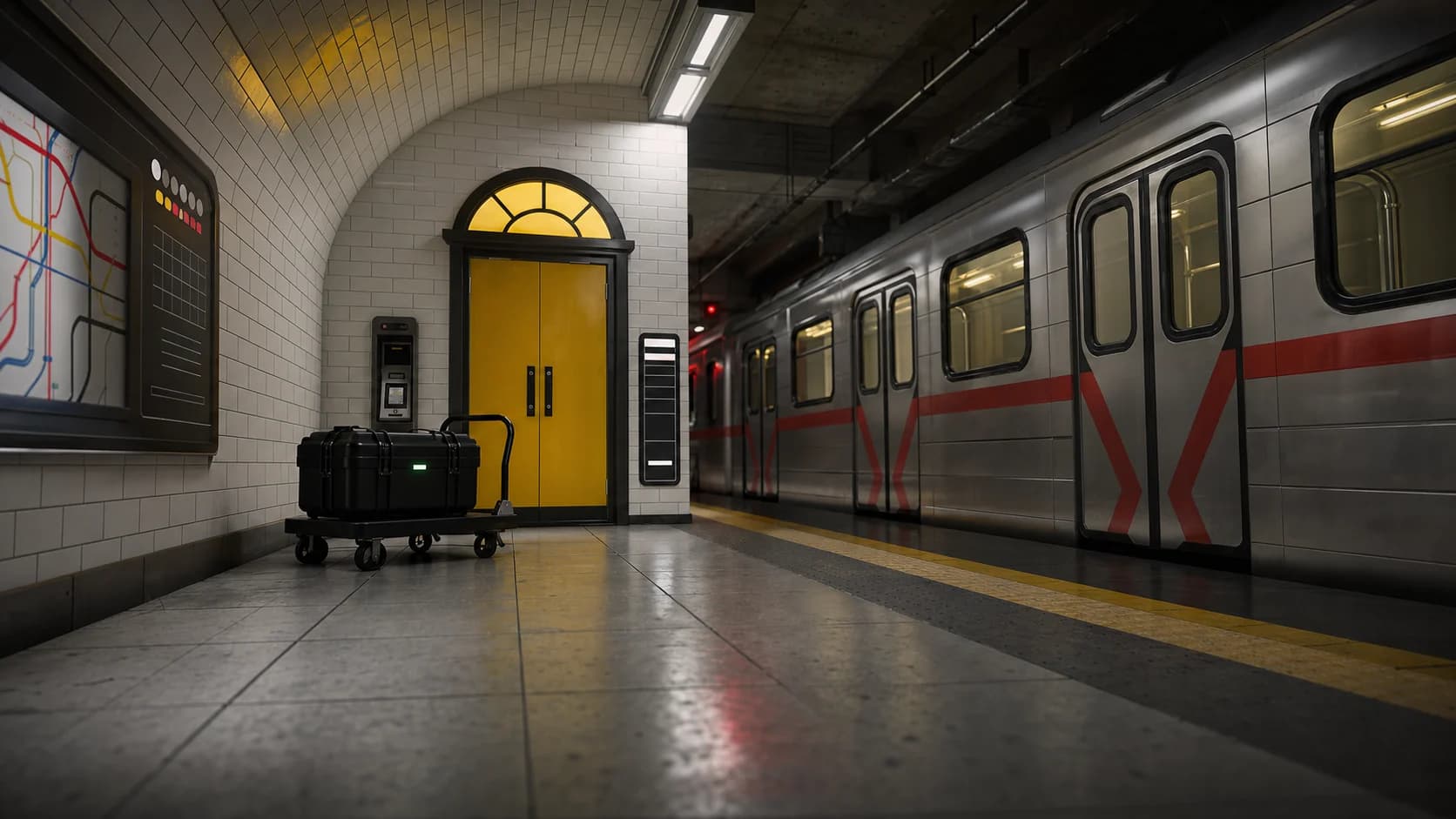 רכבת תחתית כסופה, דלתות צהובות ומזוודה חשודה על רציף — חדר הבריחה מטרו